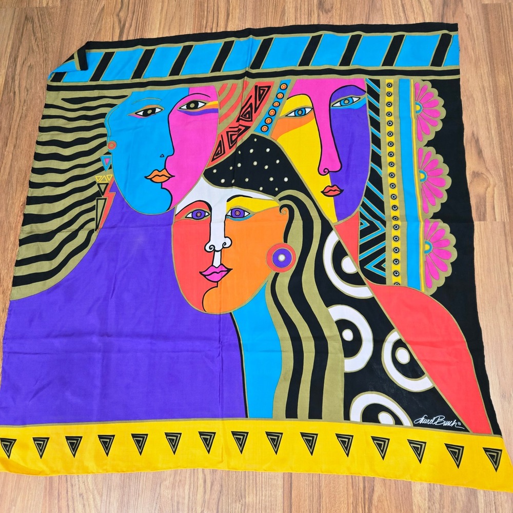 Laurel Burch Scarf Inspire Love Multicolor Faces Pop Art Abstract Artsy 34"